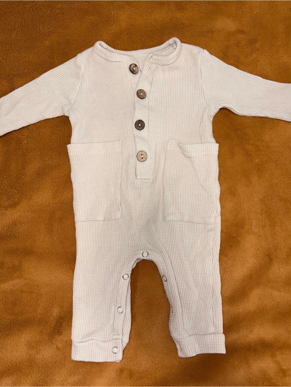 Baby Cute Cozy Cream Waffle-Knit One-Piece with Pockets